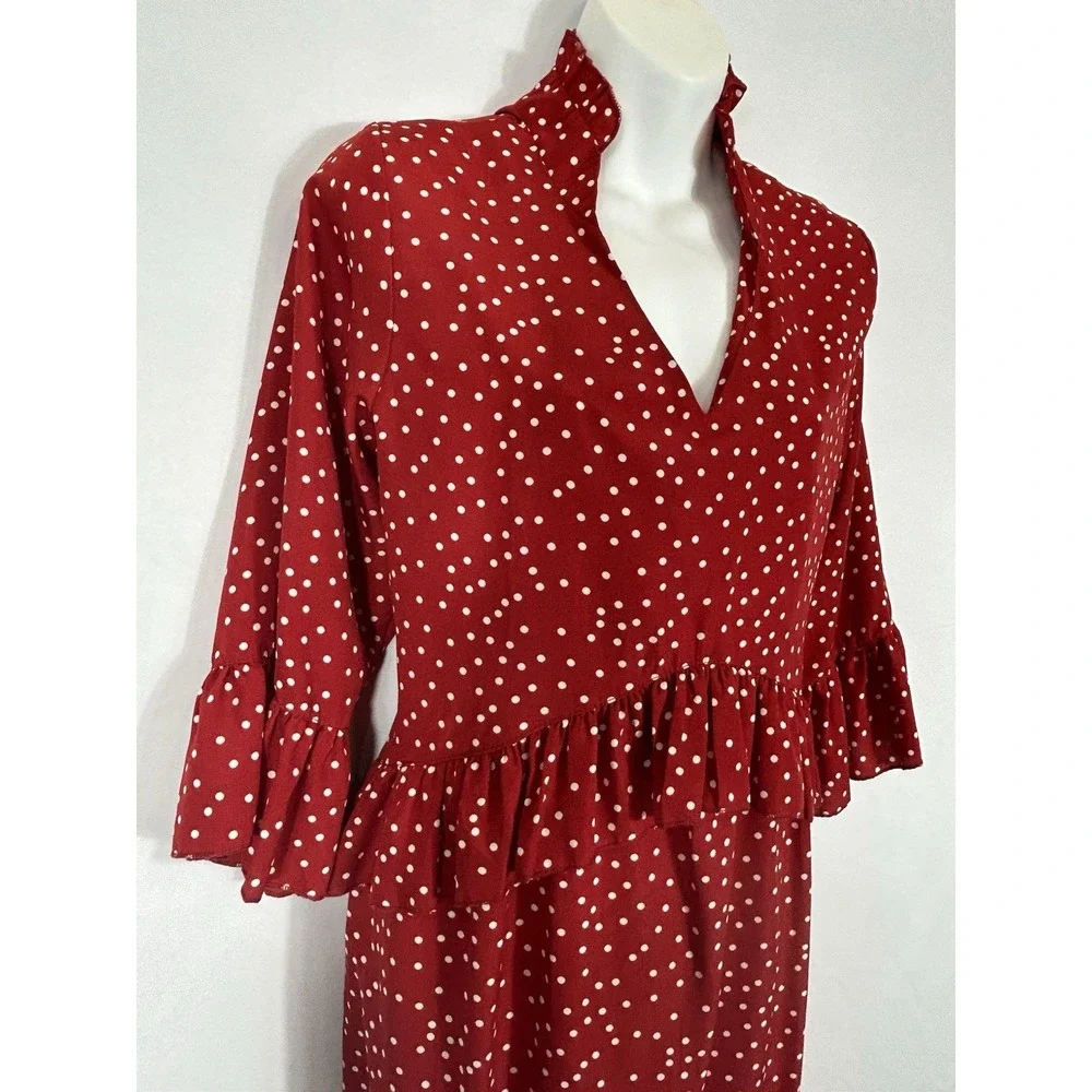 Unbranded Red Polka Dot Ruffle Tiered Dress Size‎ L Plunge Collar Twee Secretary - Picture 4 of 10